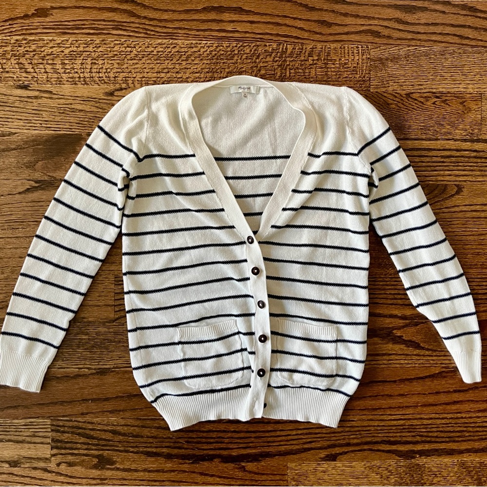 Madewell White and Navy Striped Cotton Cardigan Cotton Size Medium Nautical